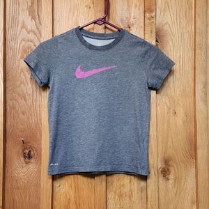 Nike Gray & Pink Logo Dri Fit Athletic Short Sleeve Tee, Medium